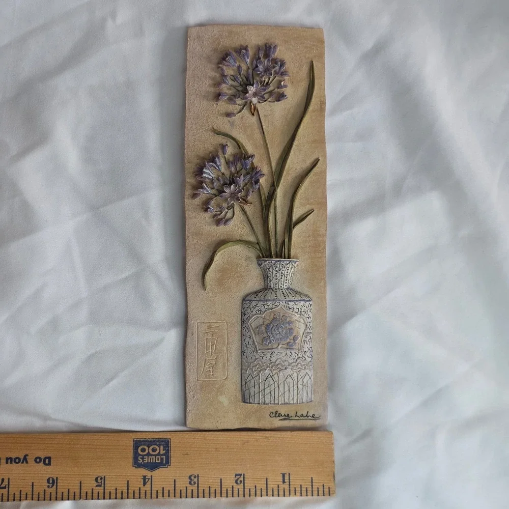 Clare Lake Ceramic Wall Art Floral Relief Plaque Purple Flowers Cottagecore - Picture 5 of 16